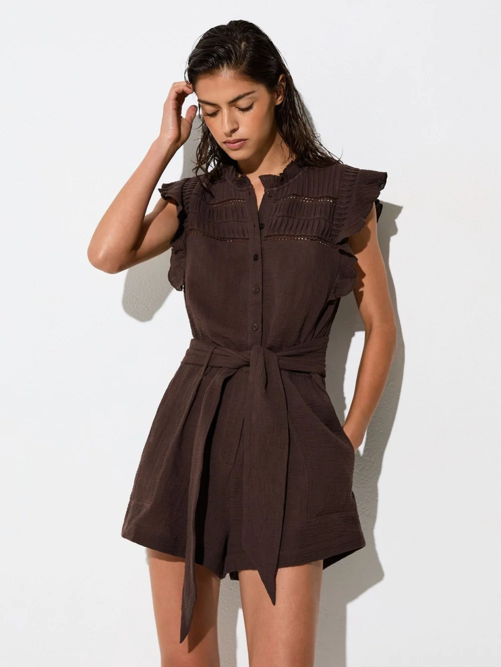 Reiss Chocolate Cotton Cheesecloth Ruffle-detail Playsuit, view 4