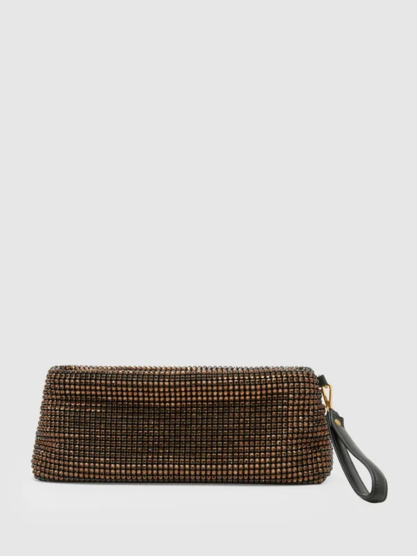 Reiss Chocolate Crystal Embellished Pouch Clutch Bag,