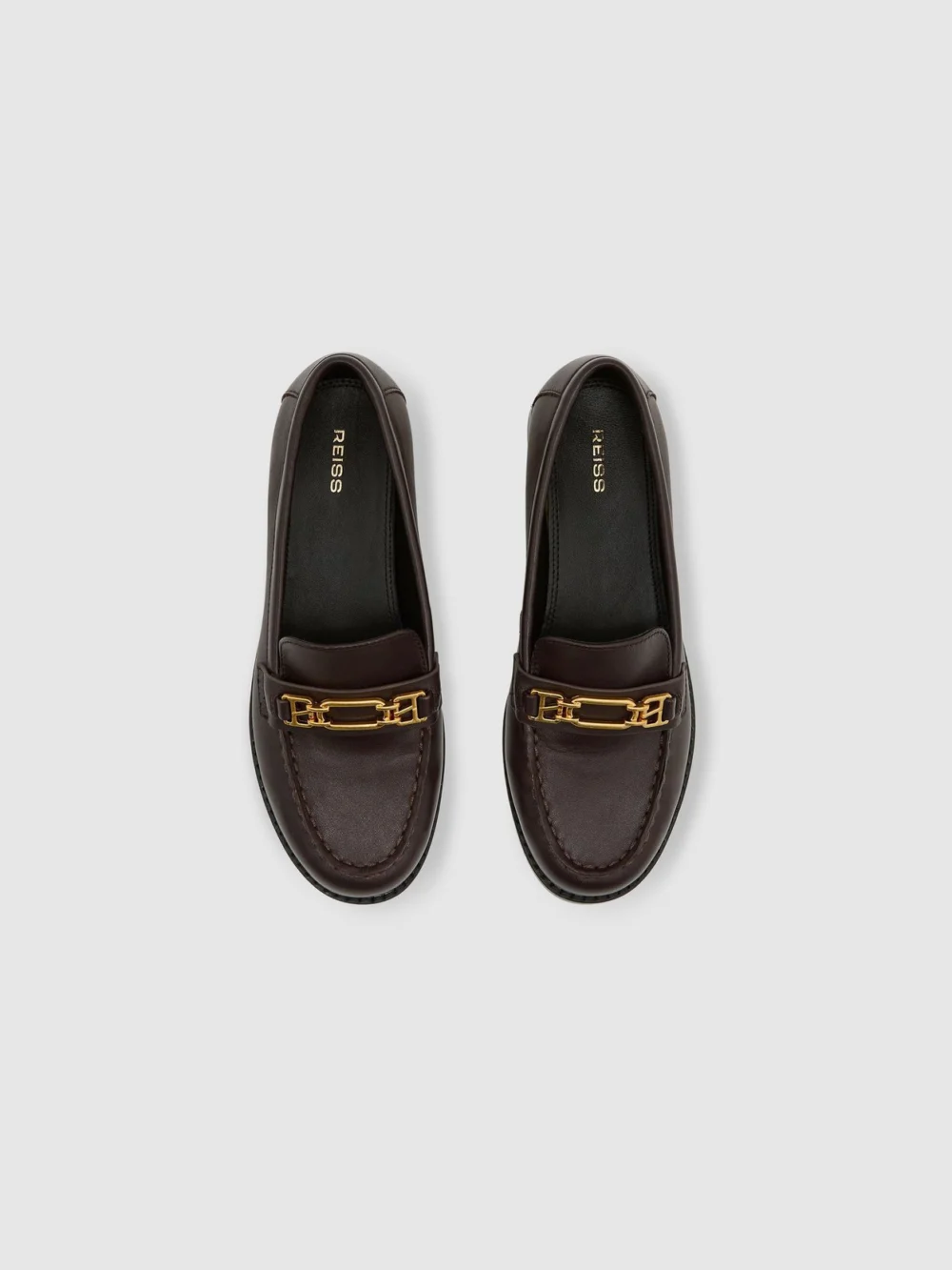 Reiss Chocolate Leather Hardware-detail Loafers, view 3