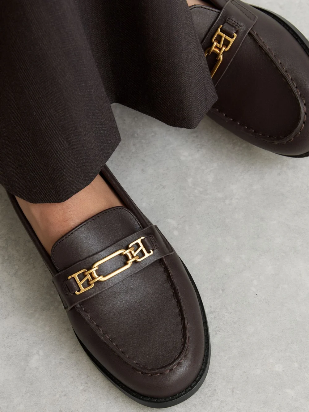 Reiss Chocolate Leather Hardware-detail Loafers, view 4