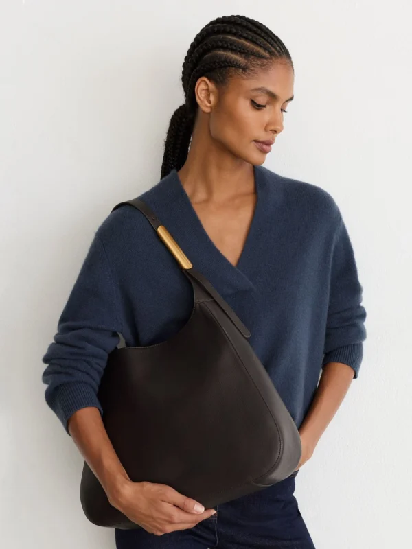 Reiss Chocolate Leather Hardware-detail Tote Bag,