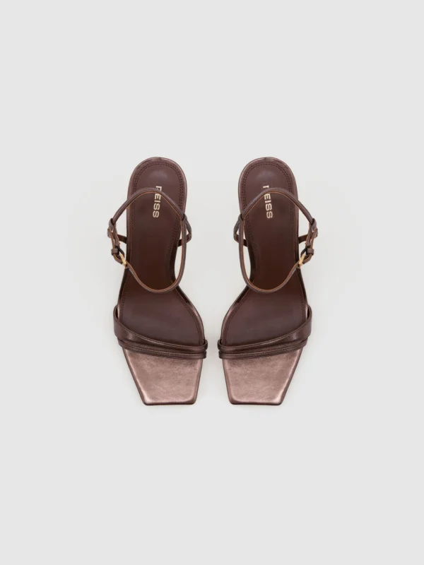 Reiss Chocolate Leather Metallic Strappy Heeled Sandals, view 3