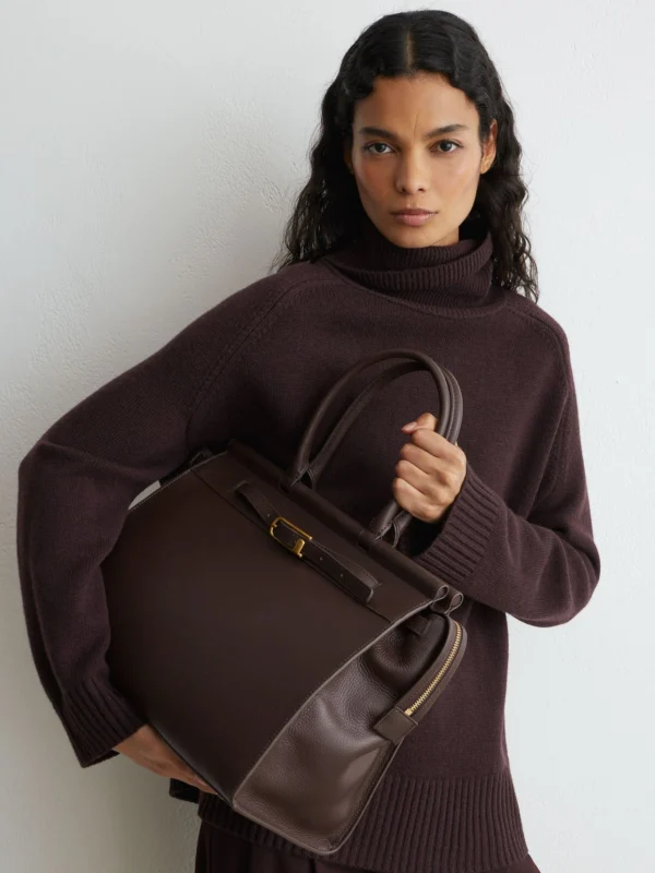 Reiss Chocolate Leather Structured Tote Bag,