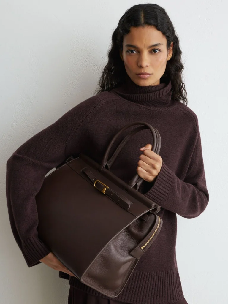 Reiss Chocolate Leather Structured Tote Bag,