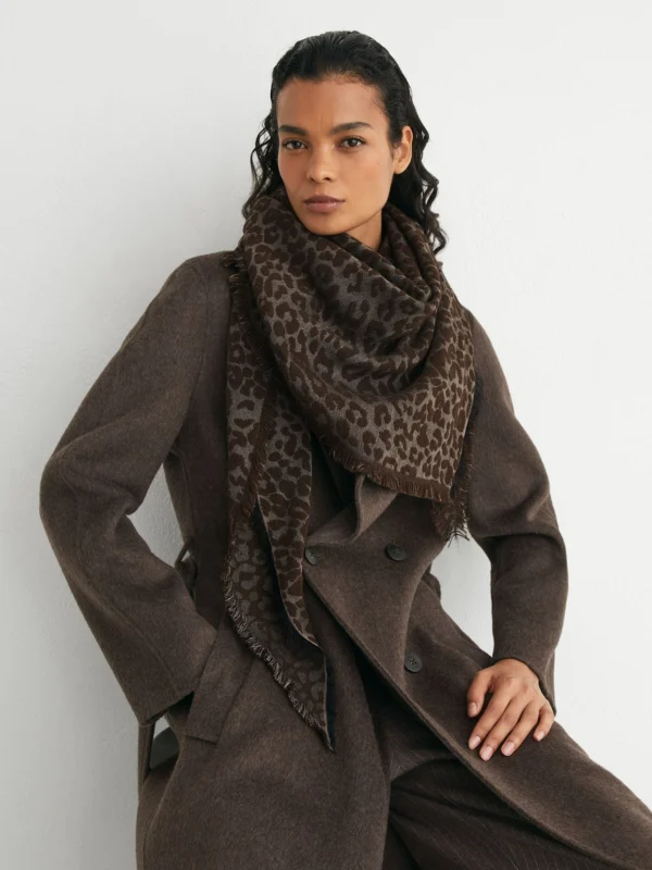 Reiss Chocolate Leopard Jacquard Bandana Scarf,