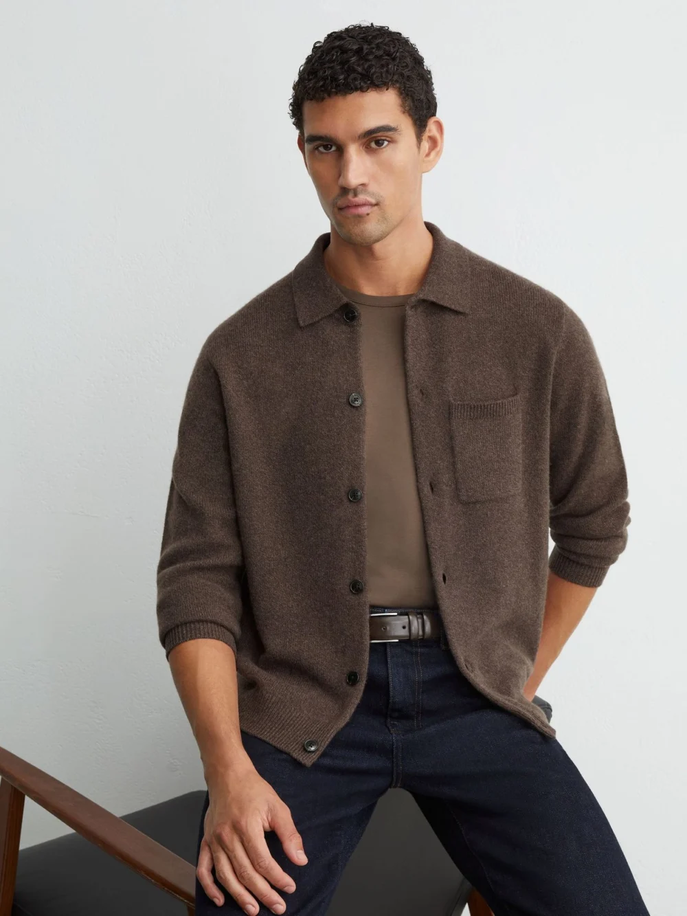Reiss Chocolate Melange Cashmere Button-through Shirt
