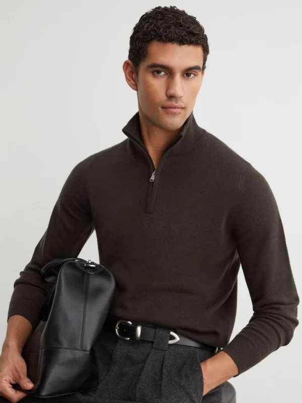 Reiss Chocolate Melange Cashmere Half-zip Jumper