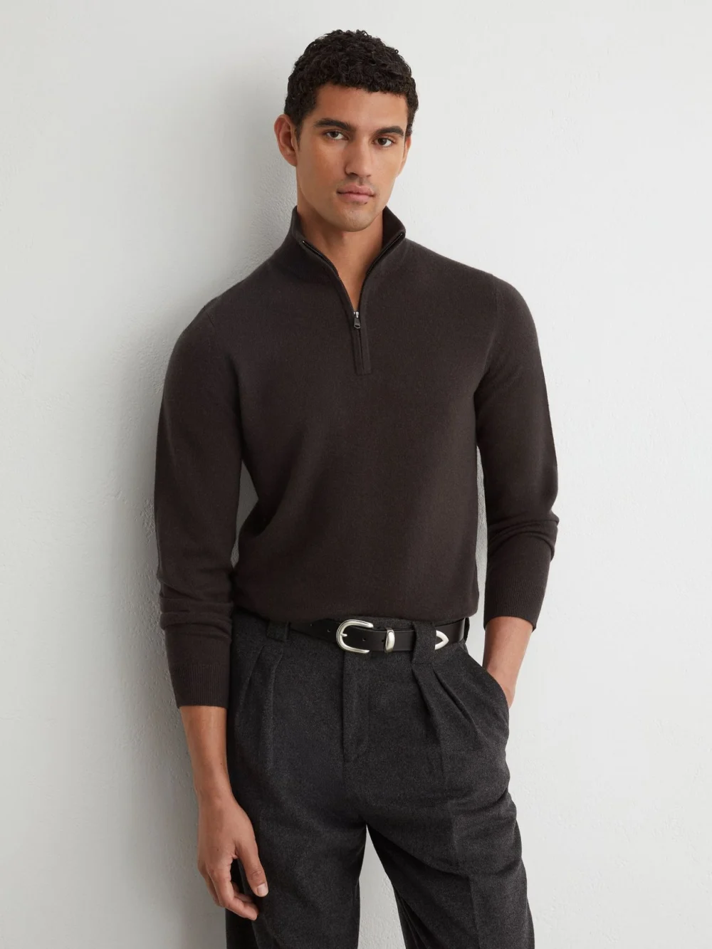 Reiss Chocolate Melange Cashmere Half-zip Jumper, view 3