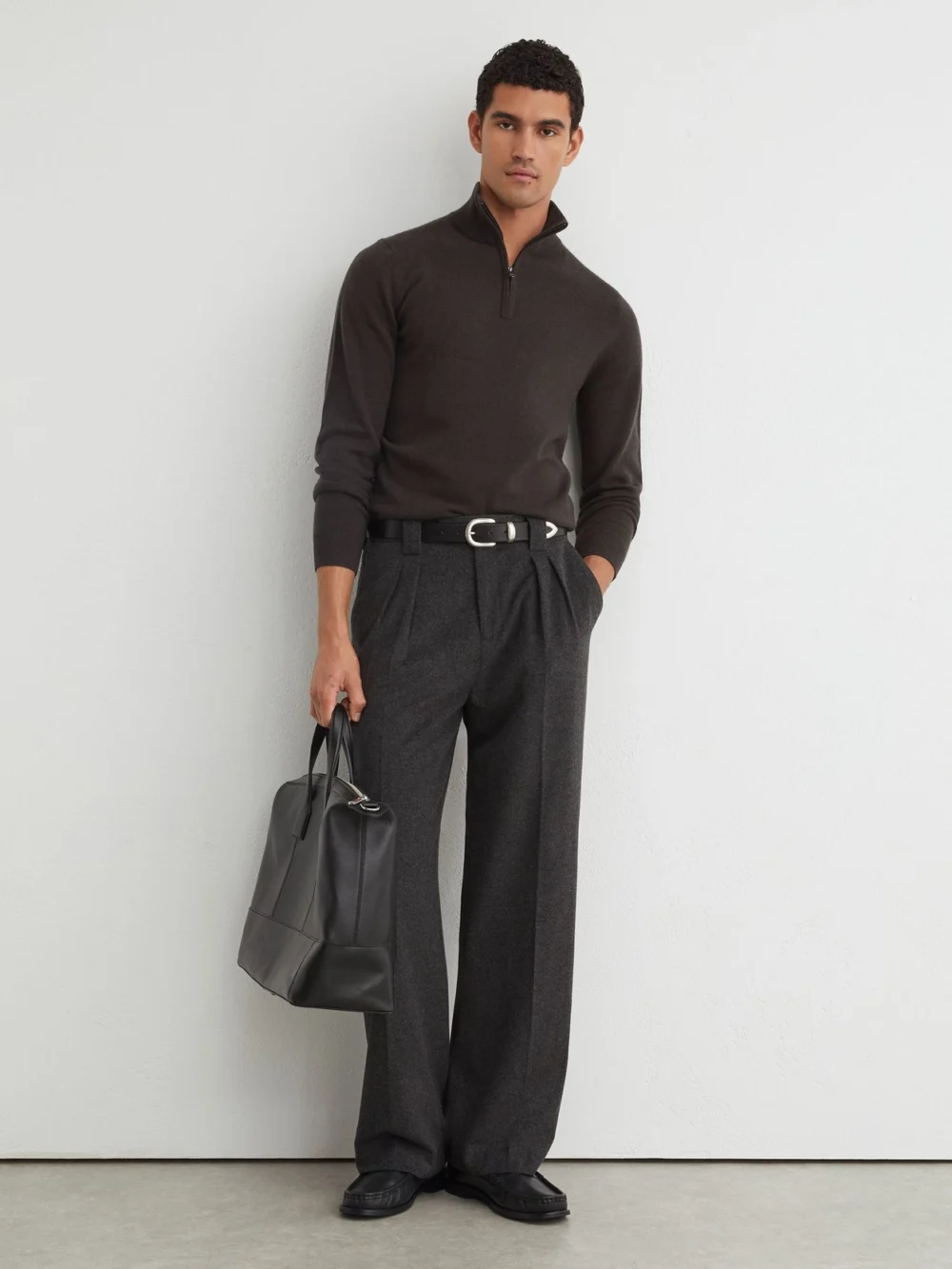Reiss Chocolate Melange Cashmere Half-zip Jumper, view 4