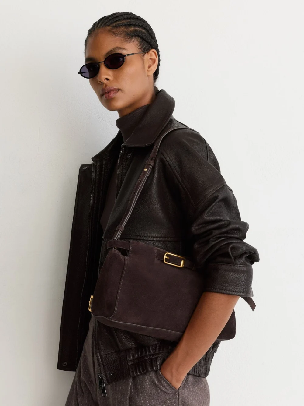 Reiss Chocolate Suede Belted Shoulder Bag,, view 4