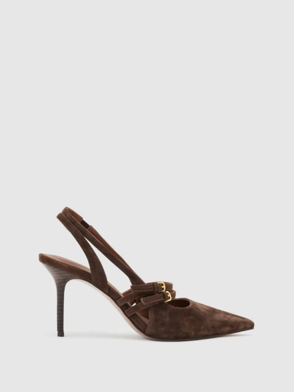 Reiss Chocolate Suede Buckle-strap Court Shoes