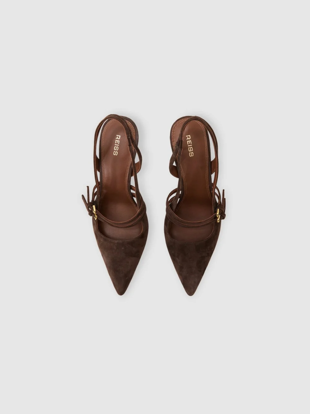 Reiss Chocolate Suede Buckle-strap Court Shoes, view 3