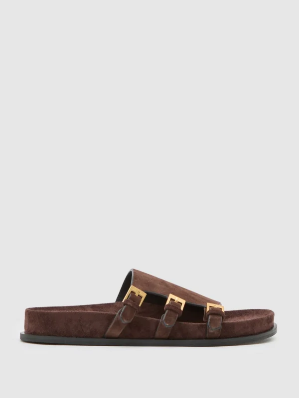 Reiss Chocolate Suede Buckle-strap Slip-on Sandals