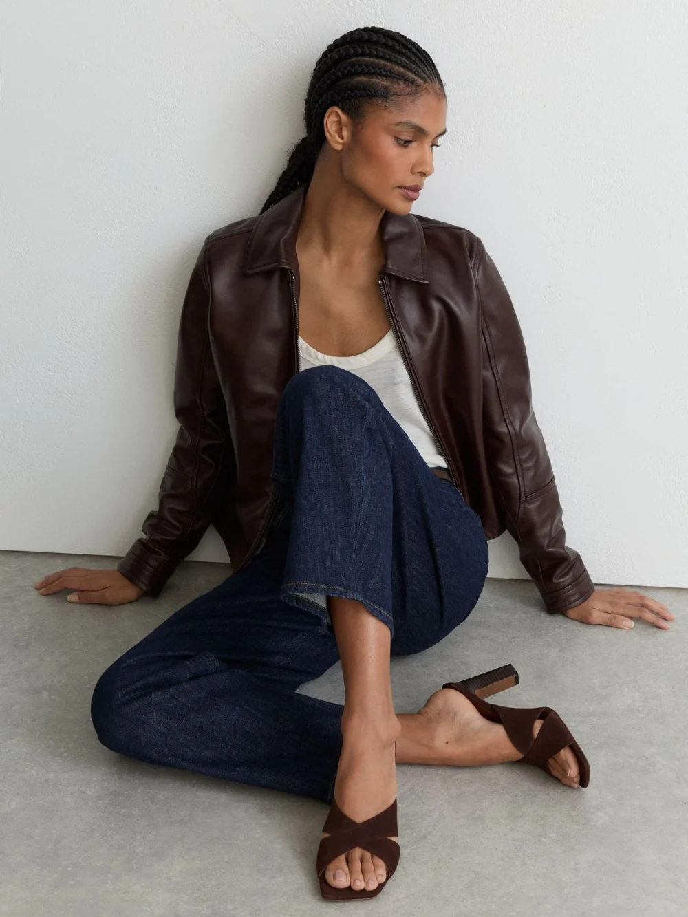 Reiss Chocolate Suede Cross-strap Block-heel Mules