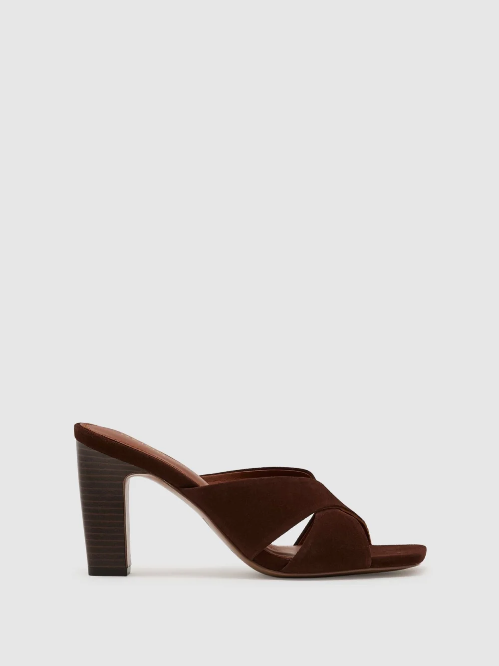 Reiss Chocolate Suede Cross-strap Block-heel Mules, view 2