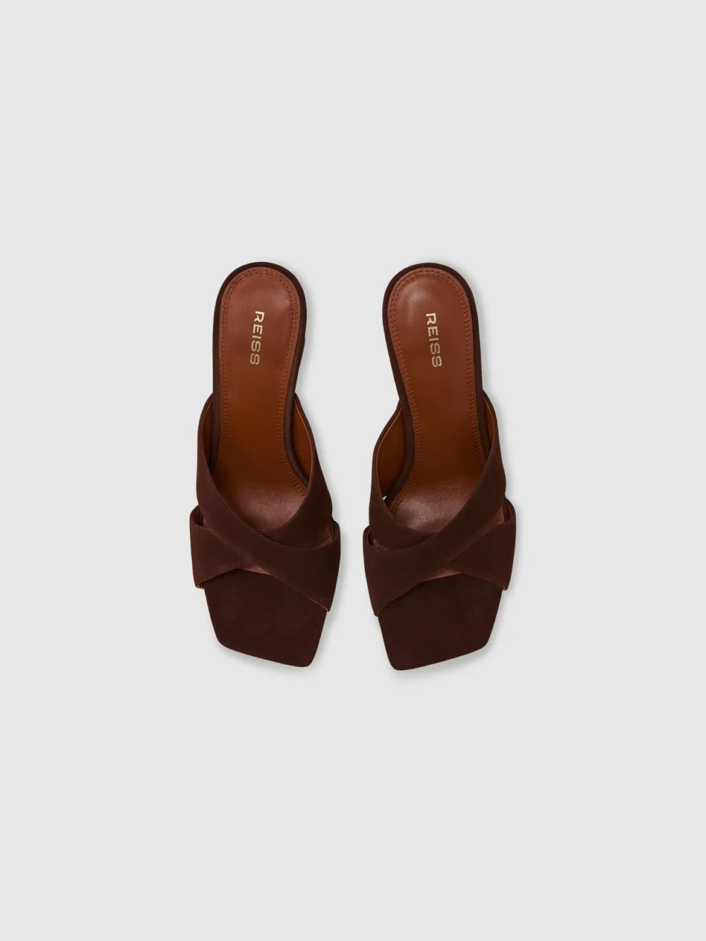 Reiss Chocolate Suede Cross-strap Block-heel Mules, view 3