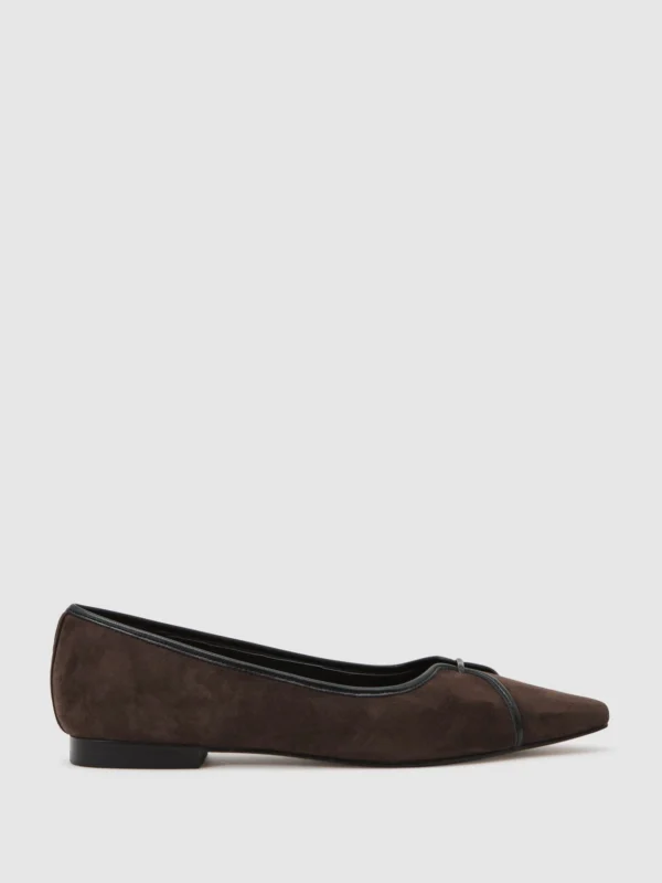 Reiss Chocolate Suede Pointed-toe Ballerina Shoes