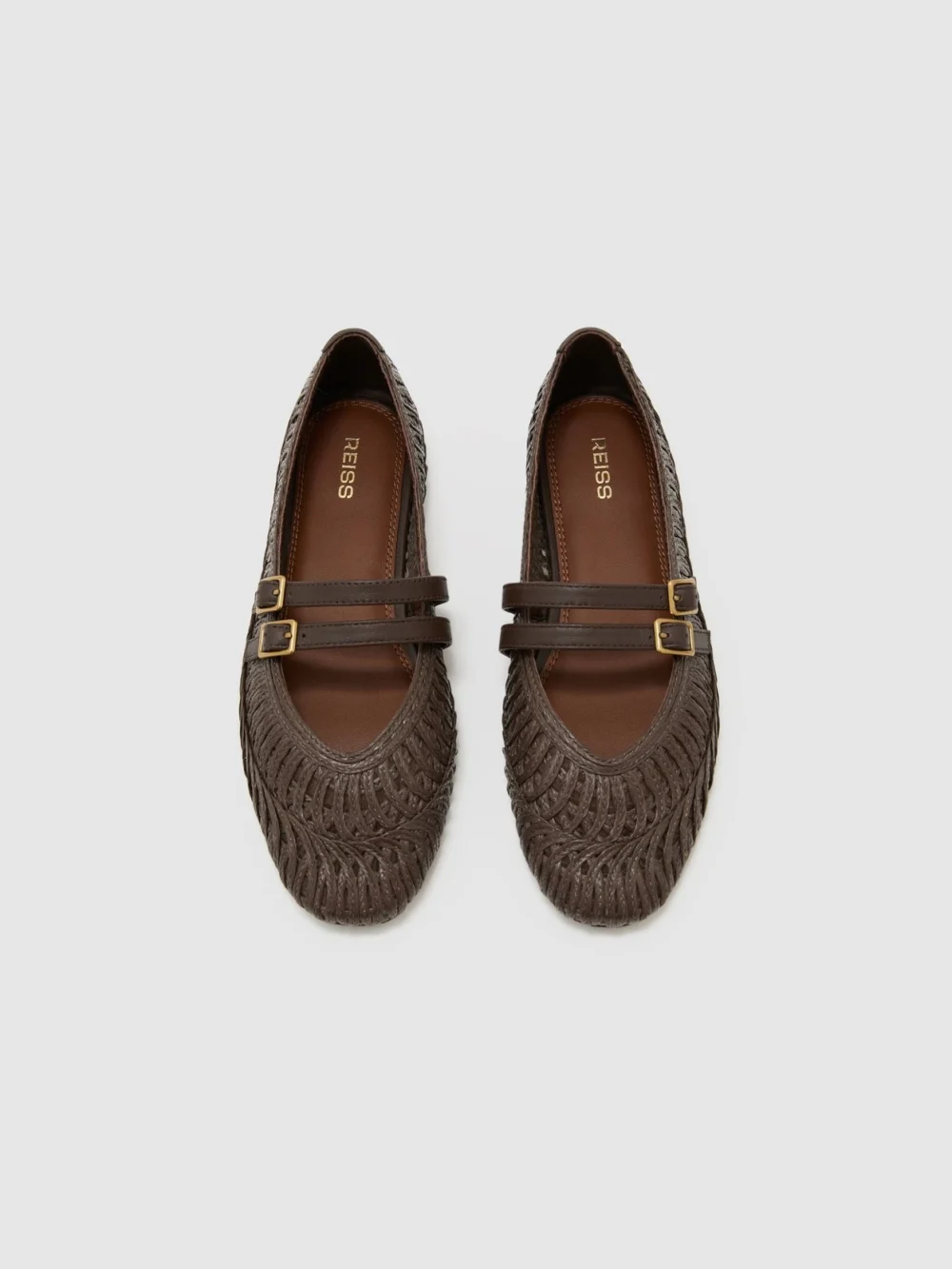 Reiss Chocolate Woven Ballerina-strap Flats, view 3