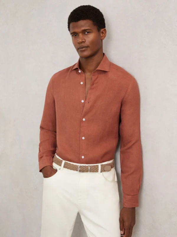 Reiss Cinnamon Brown Linen Regular-fit Long-sleeve Shirt