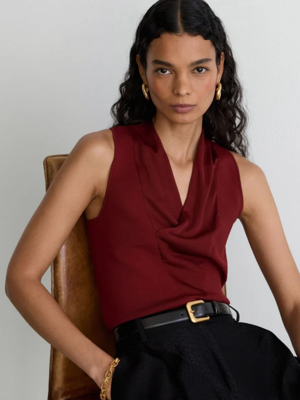 Reiss Claret Red Cowl-neck Knitted Sleeveless Top