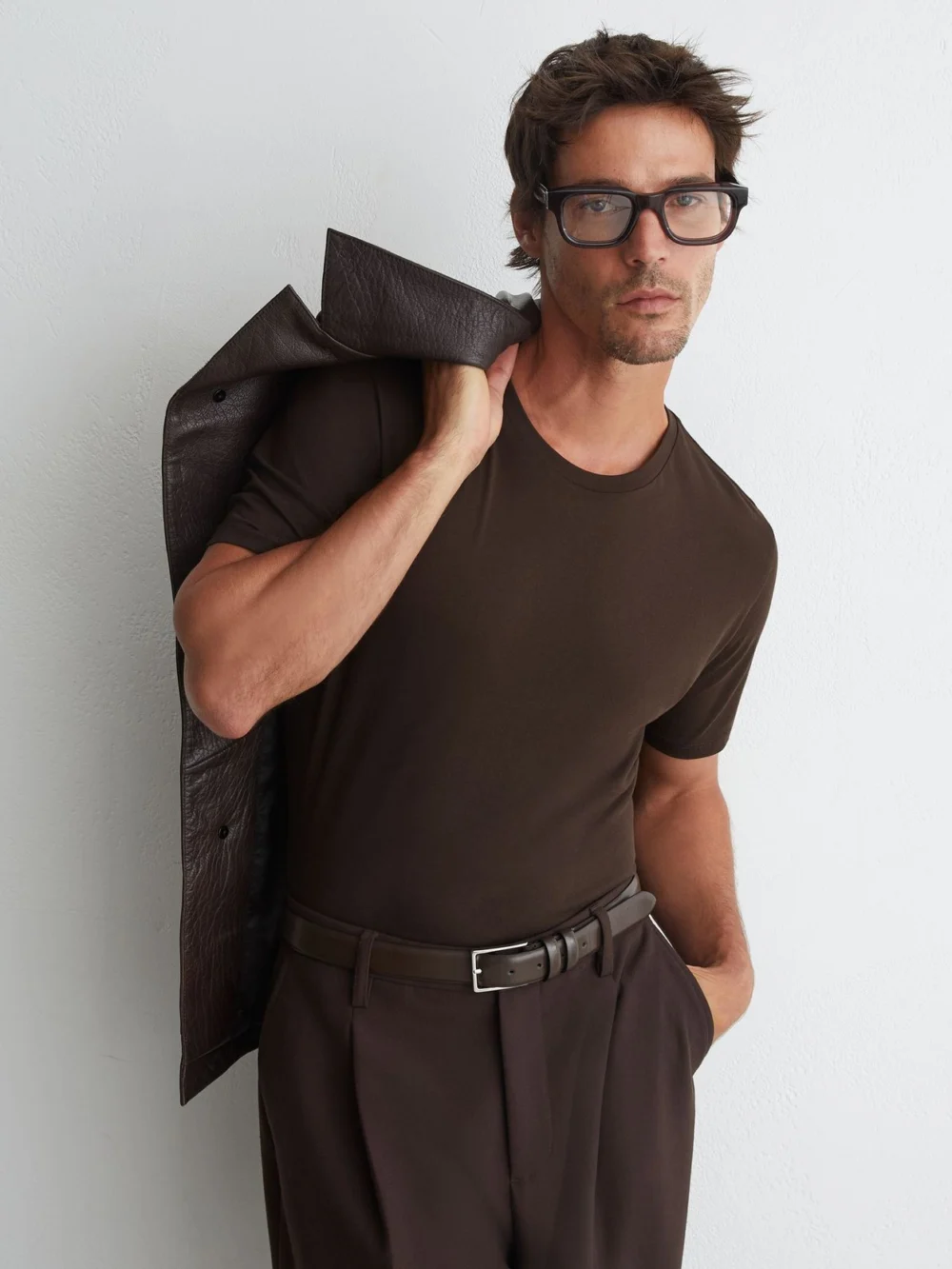 Reiss Coco Brown Marl Cotton-blend Tailored-fit T-shirt