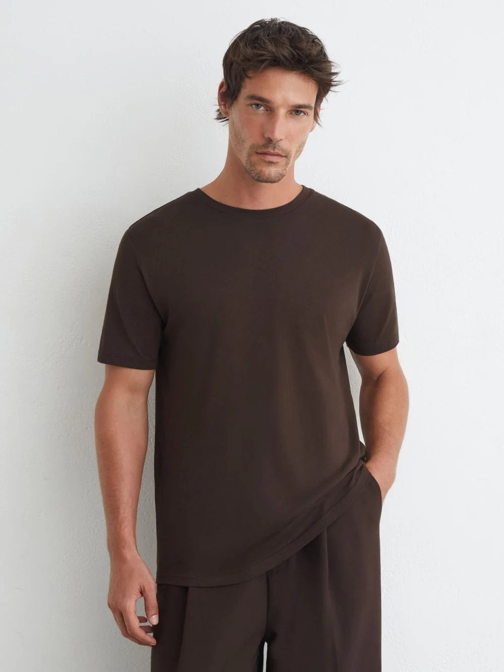 Reiss Coco Brown Marl Cotton-blend Tailored-fit T-shirt, view 4