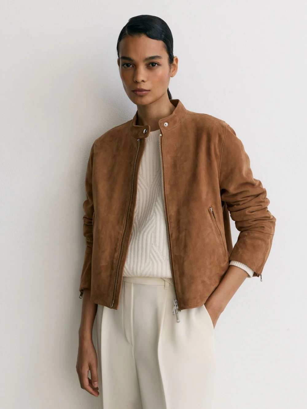 Reiss Cognac Brown Petite Suede Stand-collar Jacket, view 5