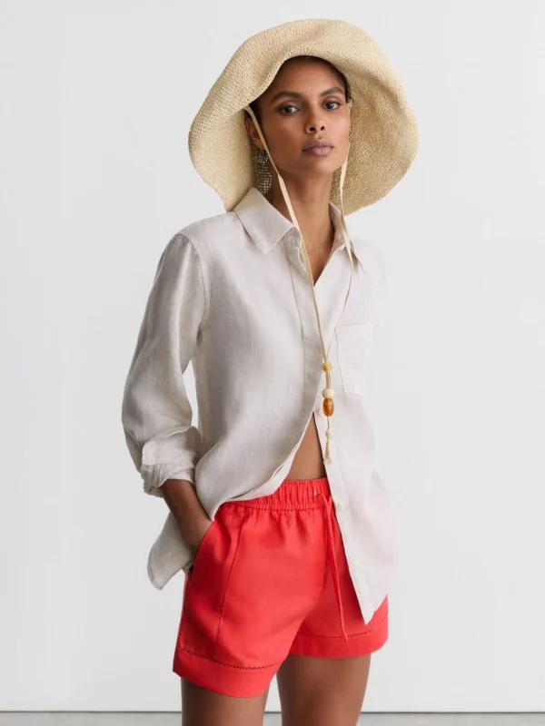 Reiss Coral Linen Ladder-embroidery Shorts