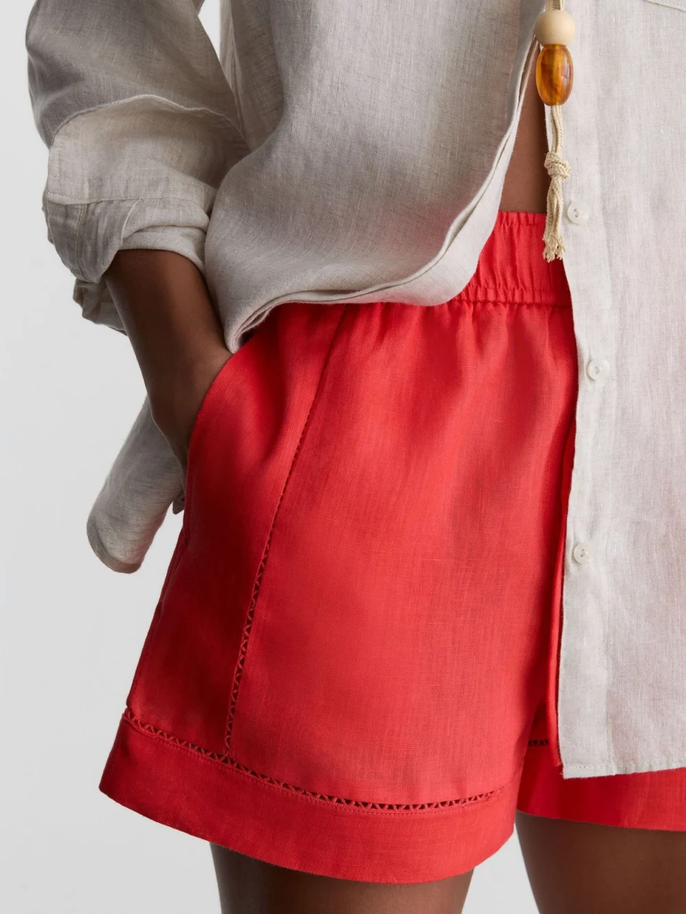 Reiss Coral Linen Ladder-embroidery Shorts, view 3