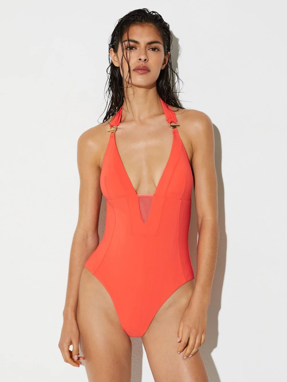 Reiss Coral Orange Mesh-insert Halterneck Swimsuit, view 3
