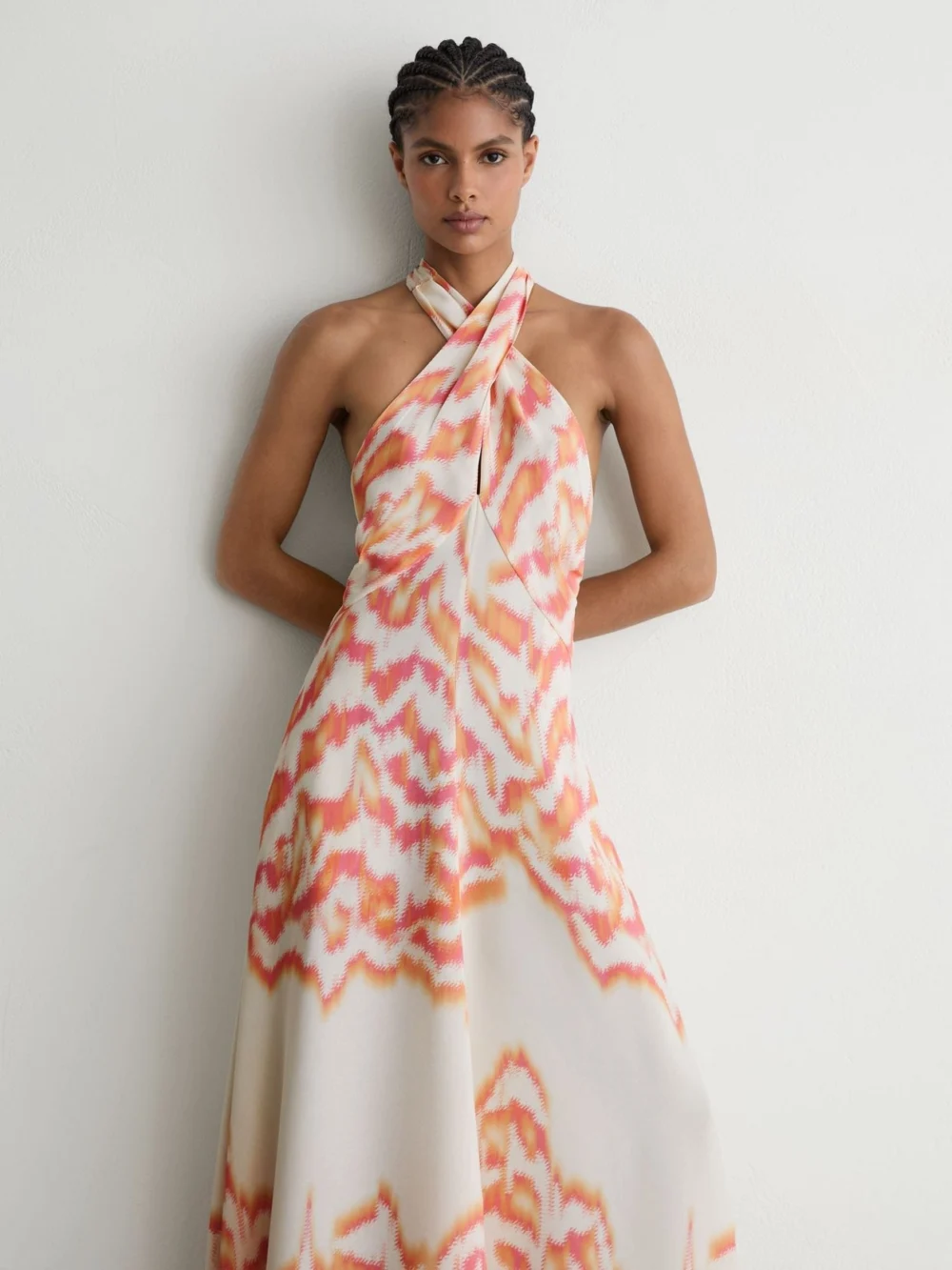 Reiss Coral Orange Printed Halterneck Maxi Dress