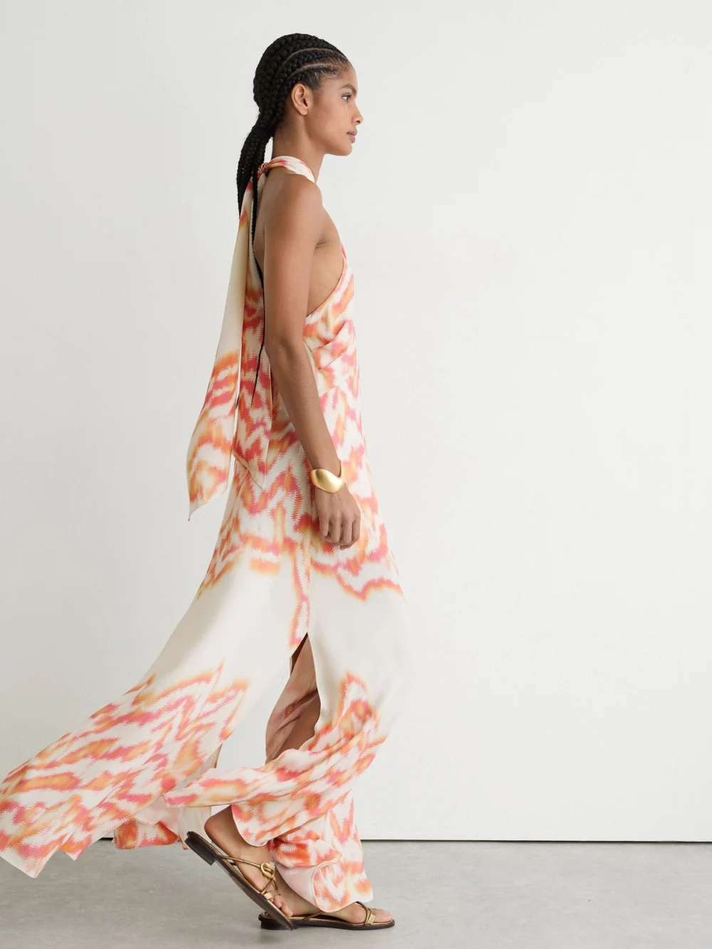 Reiss Coral Orange Printed Halterneck Maxi Dress, view 3