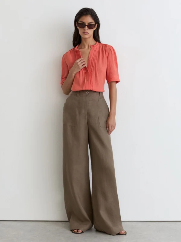 Reiss Coral Pink Cotton Cheesecloth Frill-neck Top