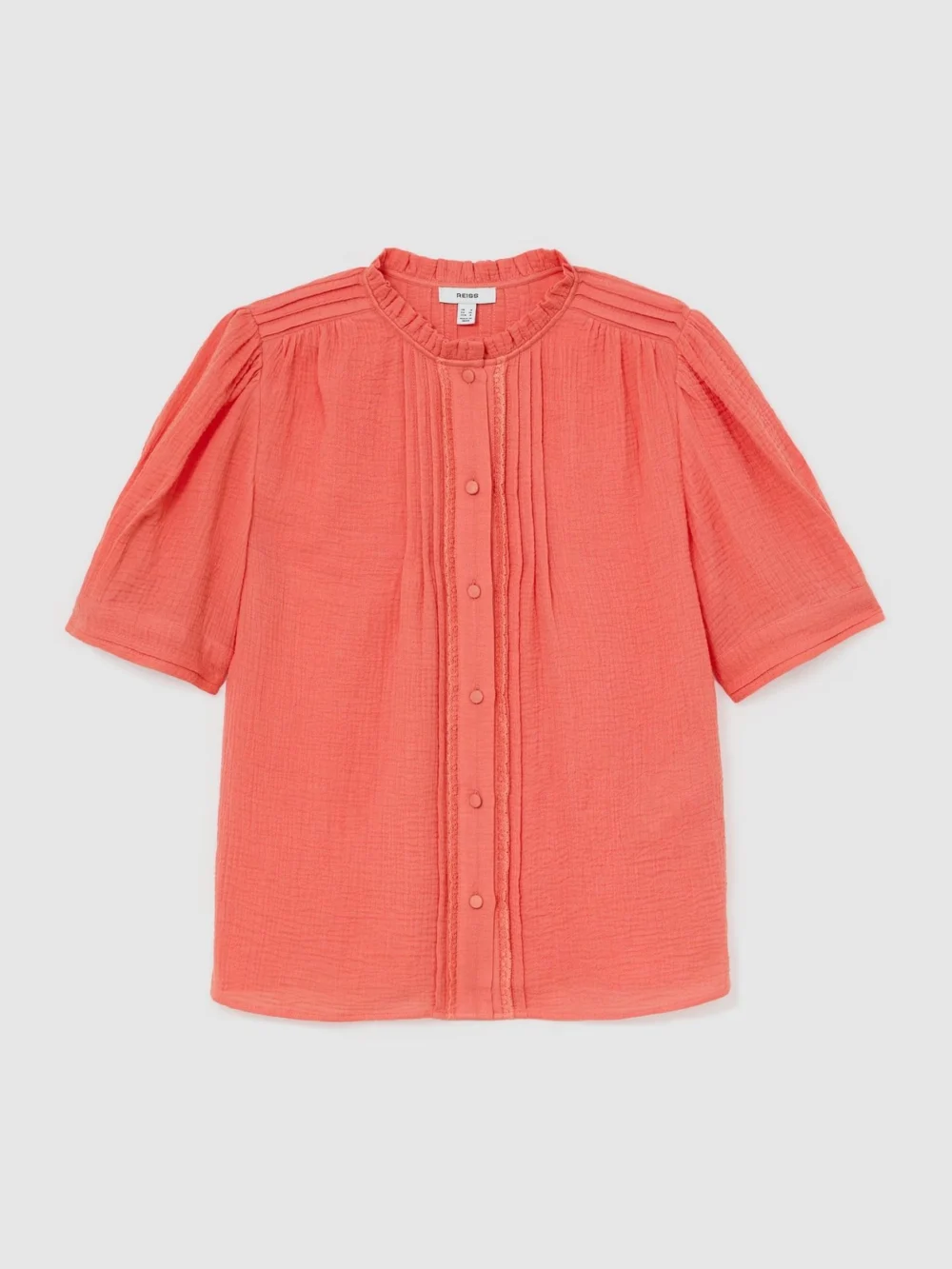 Reiss Coral Pink Cotton Cheesecloth Frill-neck Top, view 2
