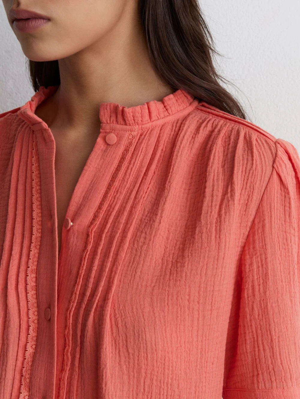 Reiss Coral Pink Cotton Cheesecloth Frill-neck Top, view 3