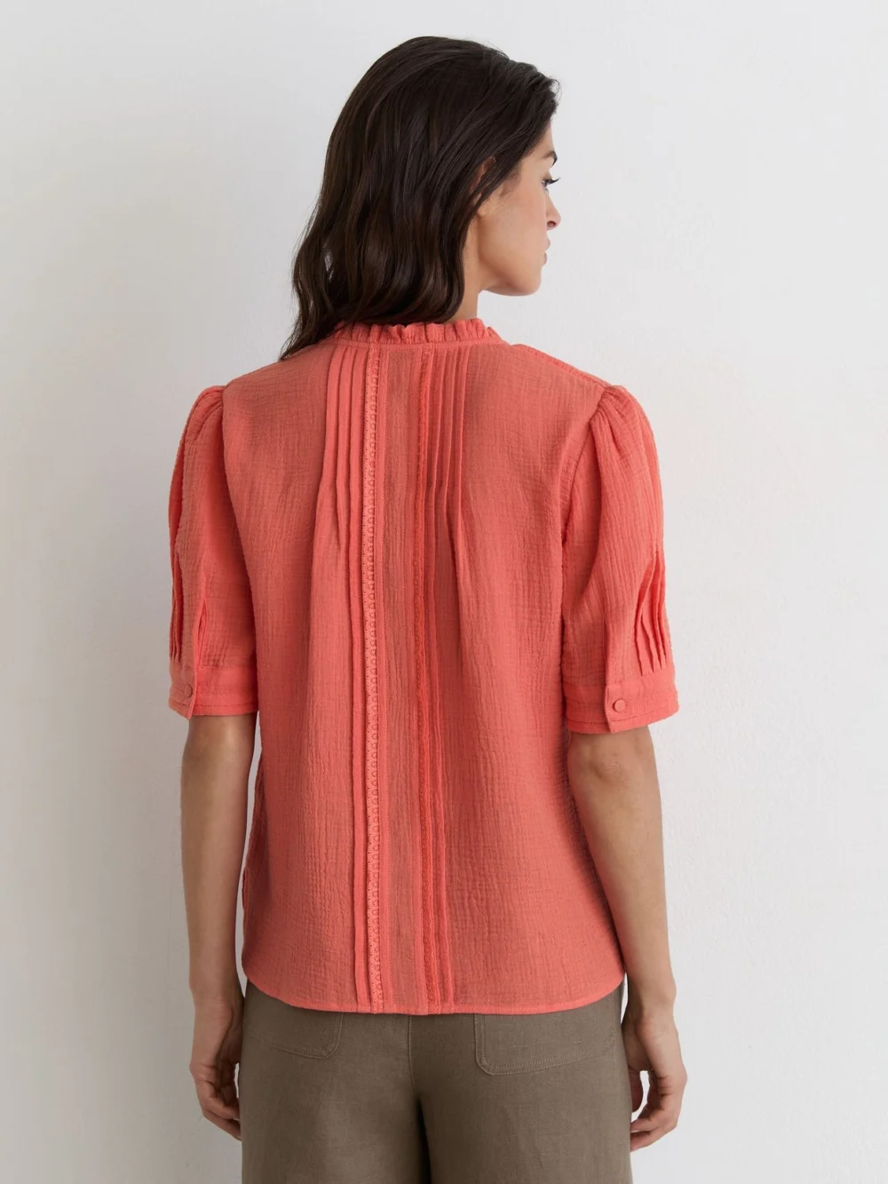 Reiss Coral Pink Cotton Cheesecloth Frill-neck Top, view 4