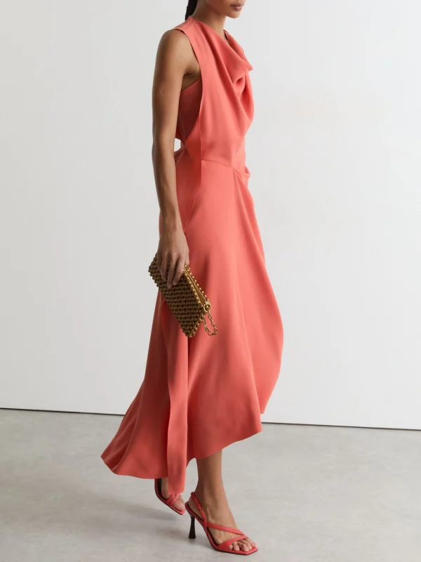 Reiss Coral Pink Drape-detail Sleeveless Midi Dress