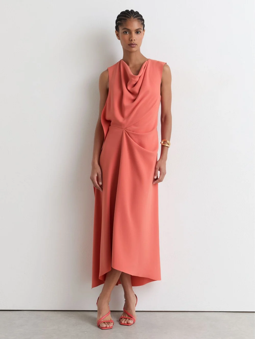 Reiss Coral Pink Drape-detail Sleeveless Midi Dress, view 3
