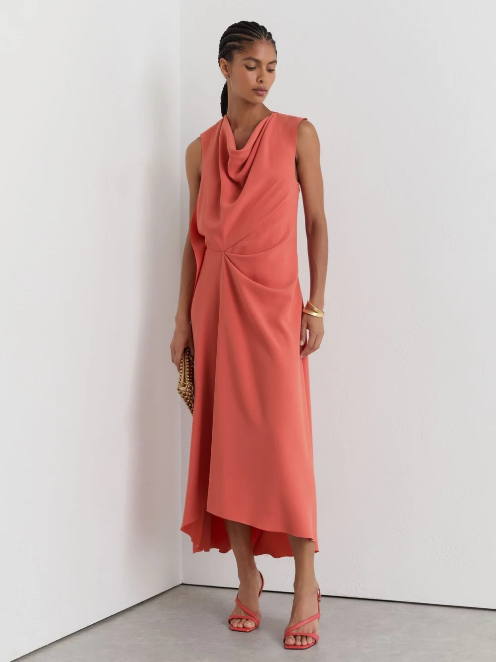 Reiss Coral Pink Drape-detail Sleeveless Midi Dress, view 5
