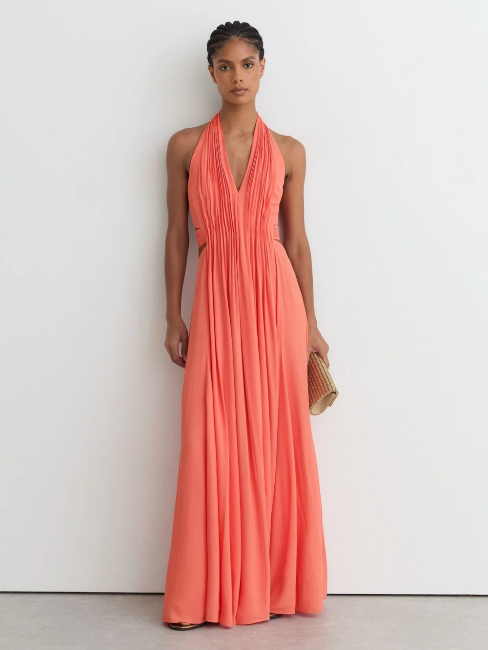 Reiss Coral Pink Halterneck Pleated Maxi Dress, view 5