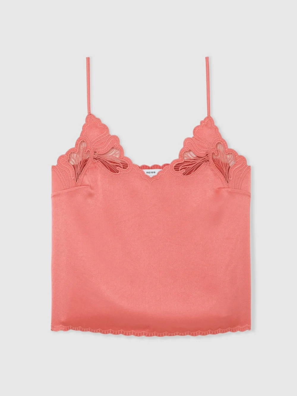 Reiss Coral Pink Satin Lace-detail Cami Top, view 2