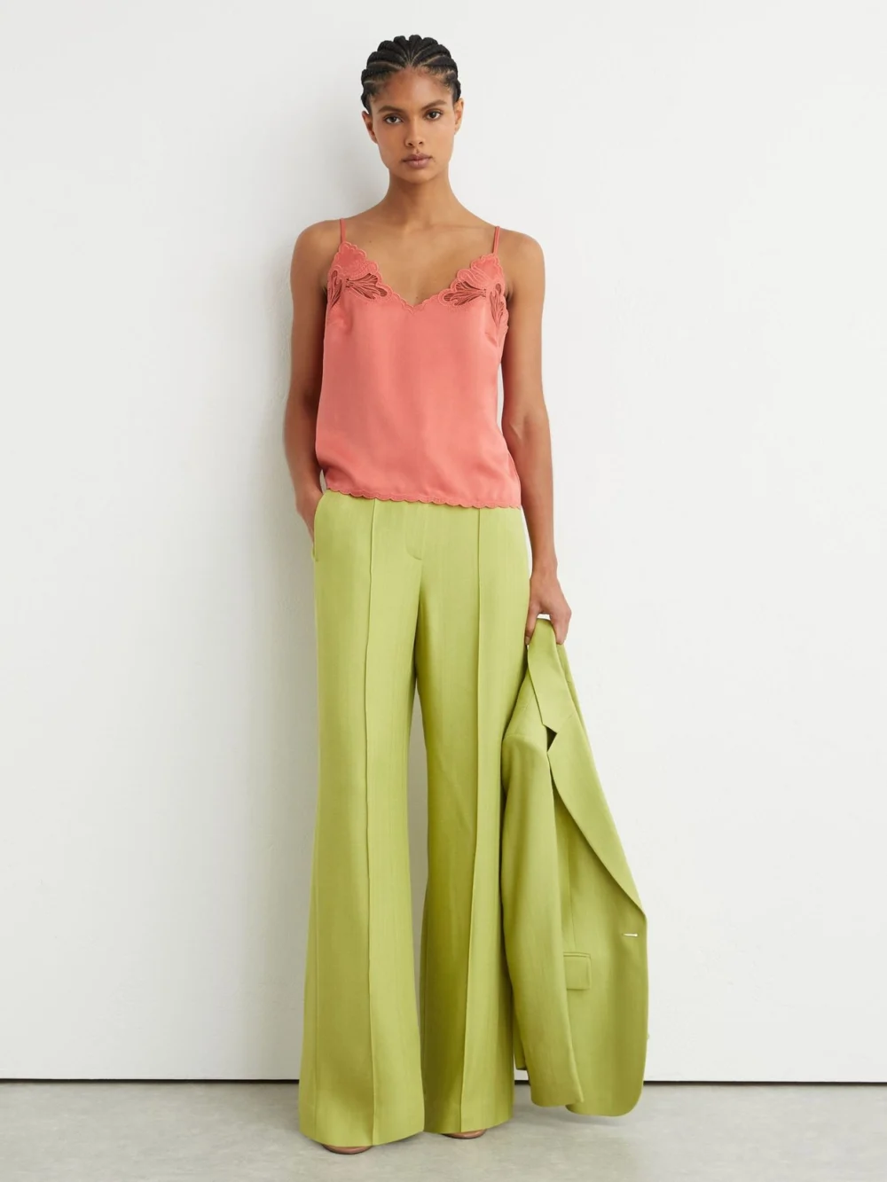 Reiss Coral Pink Satin Lace-detail Cami Top, view 3