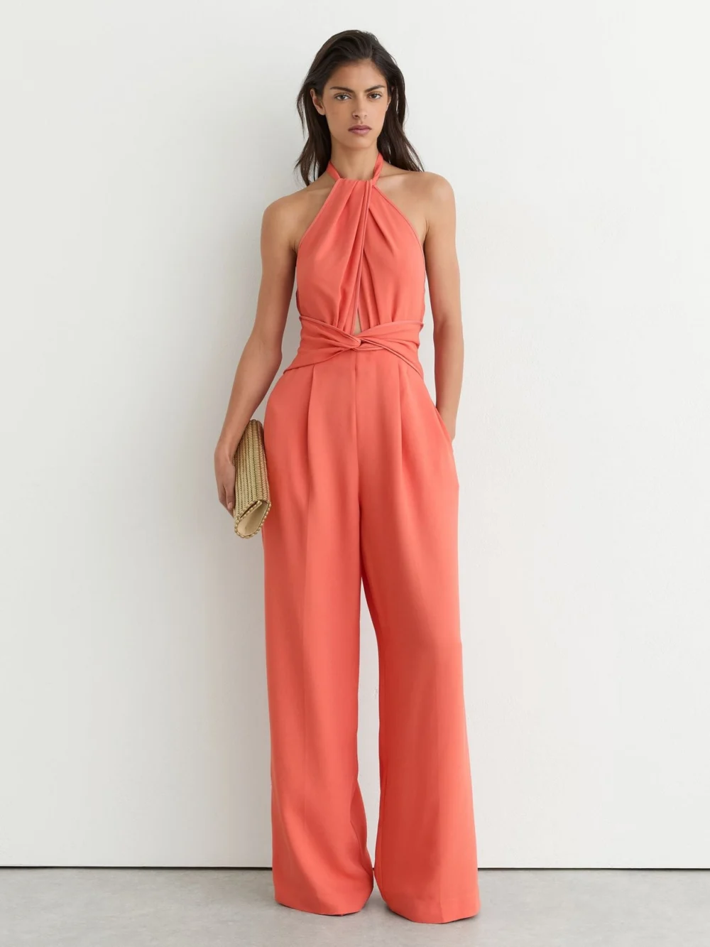 Reiss Coral Pink Twist-front Halterneck Wide-leg Jumpsuit