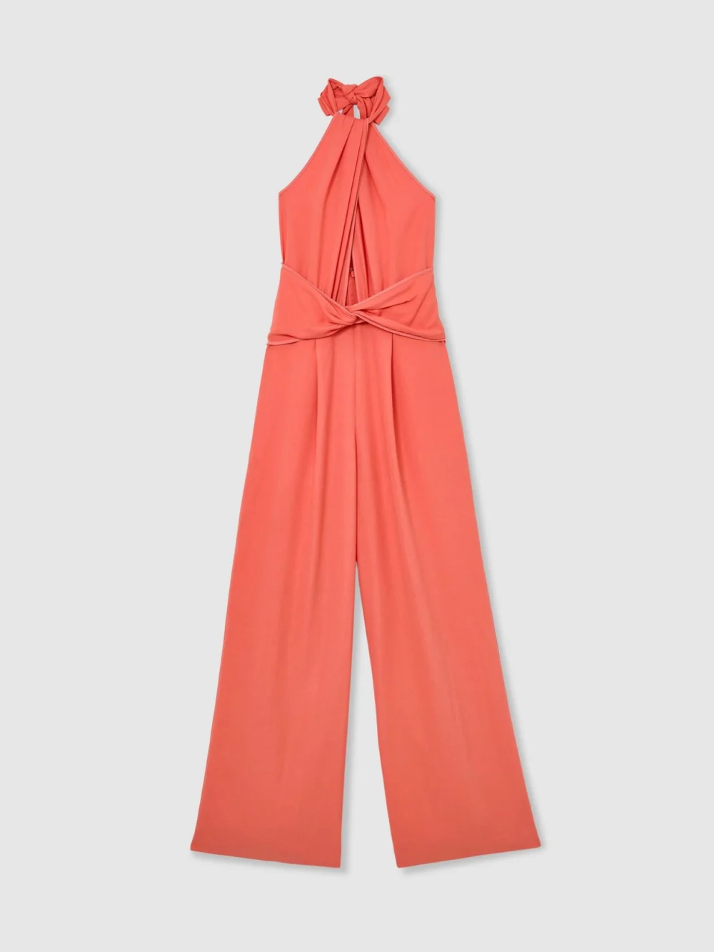 Reiss Coral Pink Twist-front Halterneck Wide-leg Jumpsuit, view 2