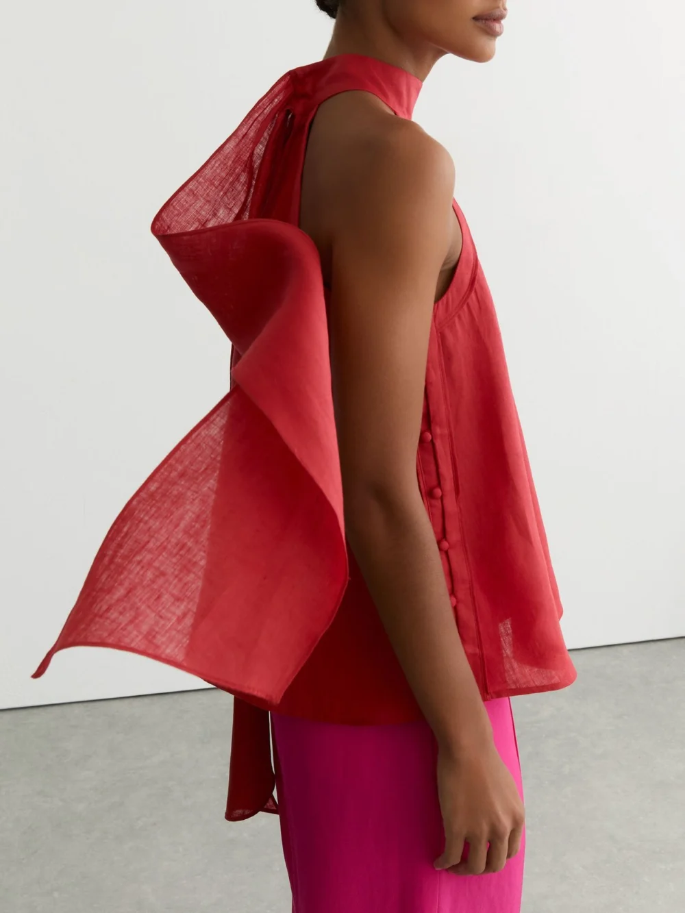 Reiss Coral Red Linen Sleeveless Scarf-neck Top, view 3