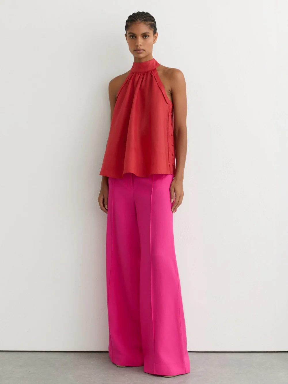Reiss Coral Red Linen Sleeveless Scarf-neck Top, view 4