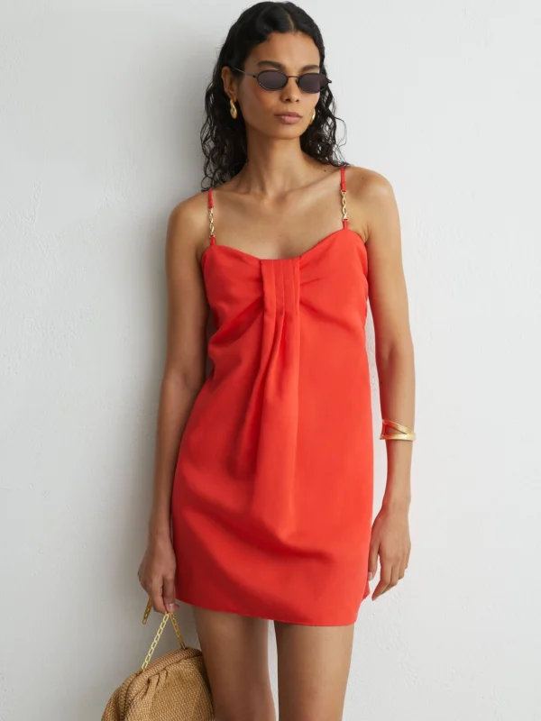 Reiss Coral Red Lyocell-linen Pleat-detail Mini Dress