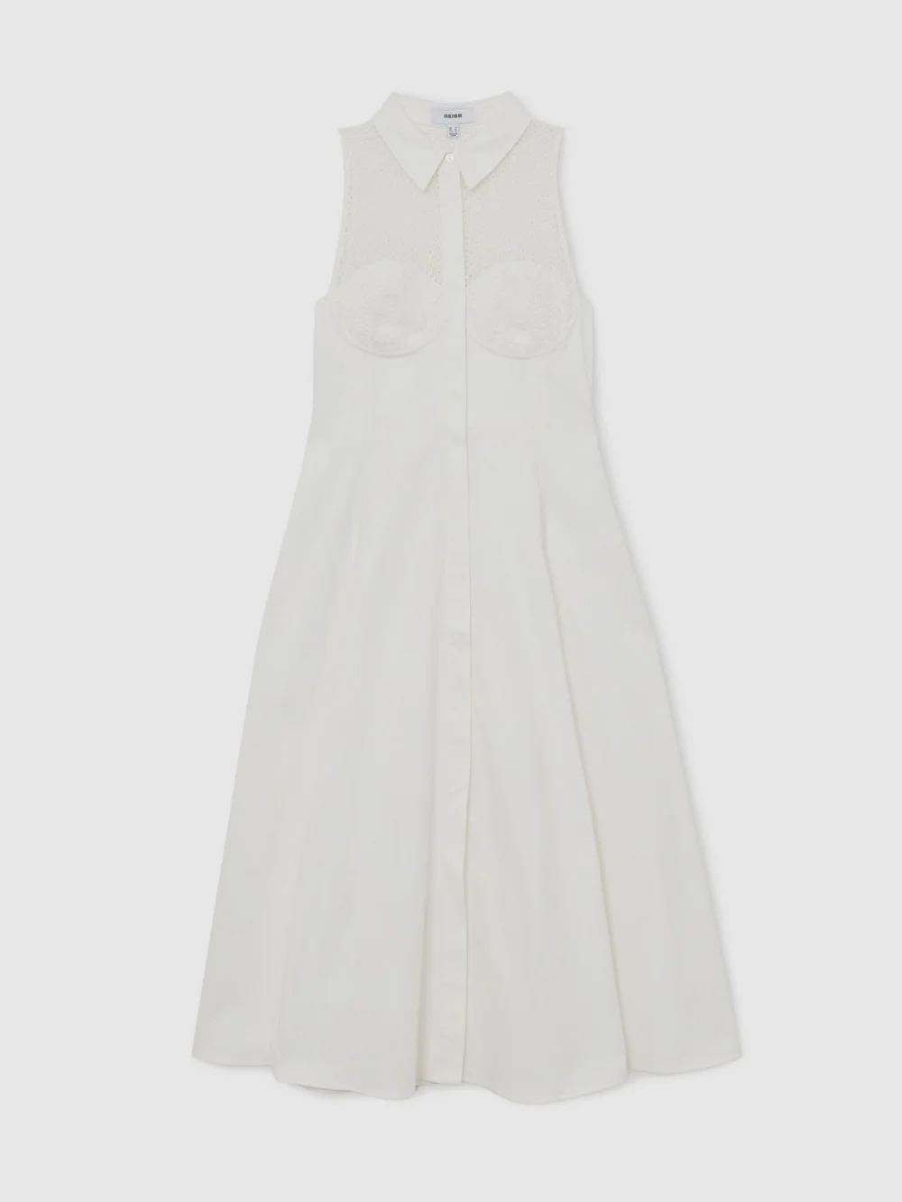 Reiss Cotton Broderie-detail Midi Dress with Stretch, view 2