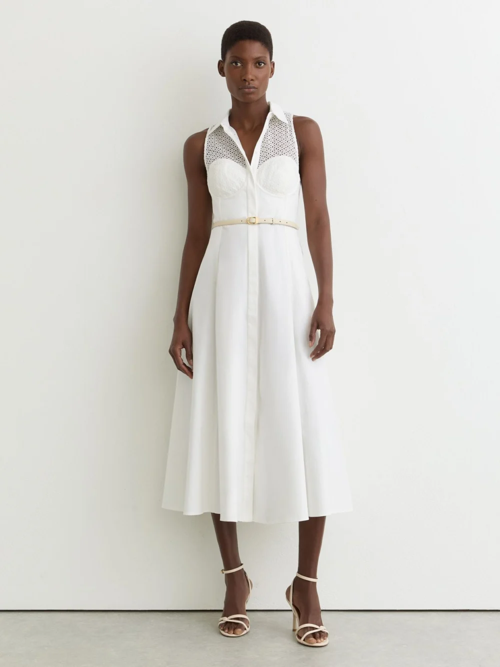 Reiss Cotton Broderie-detail Midi Dress with Stretch, view 4