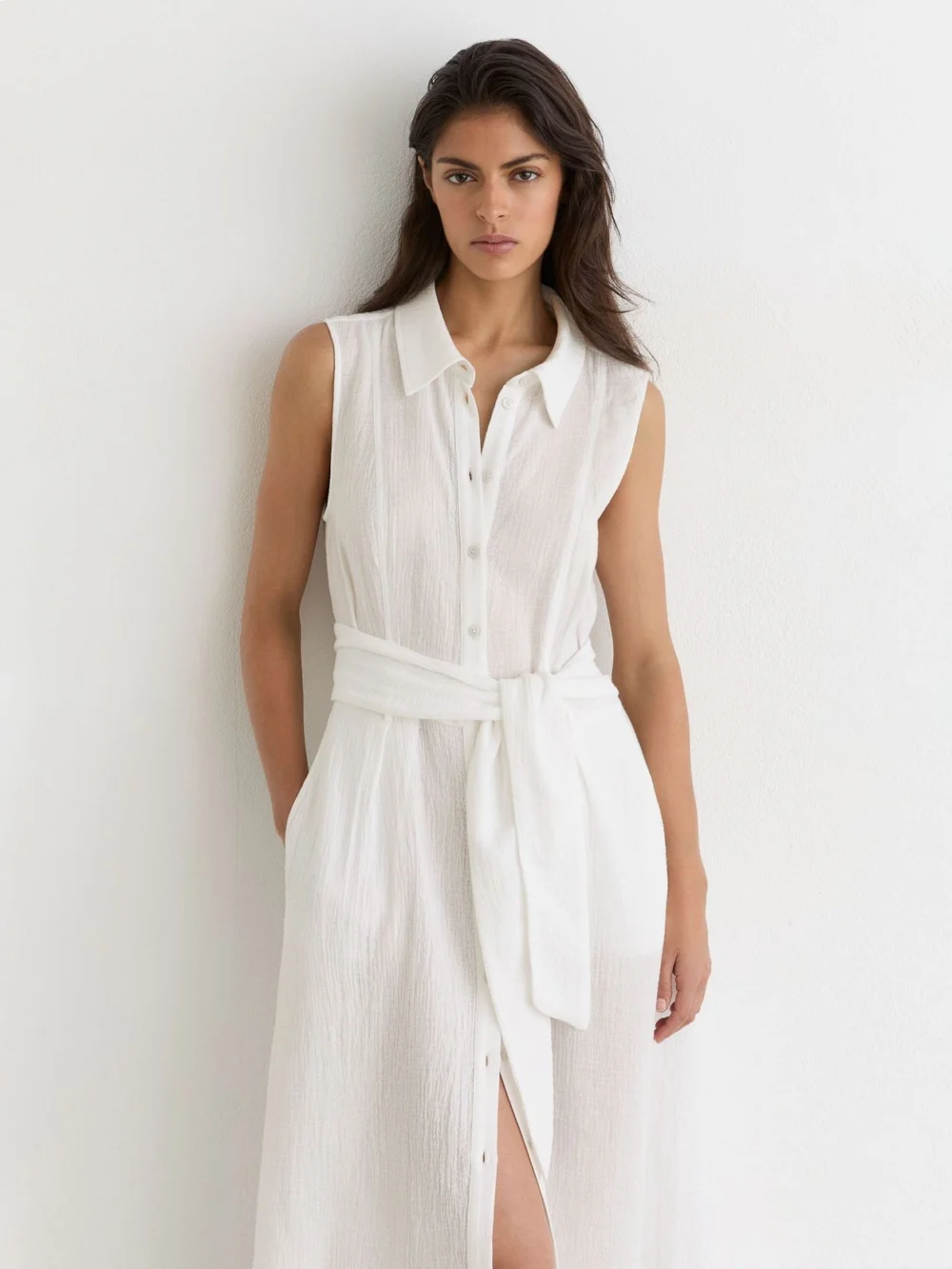 Reiss Cotton Cheesecloth Belted Shirt Dress in ivory